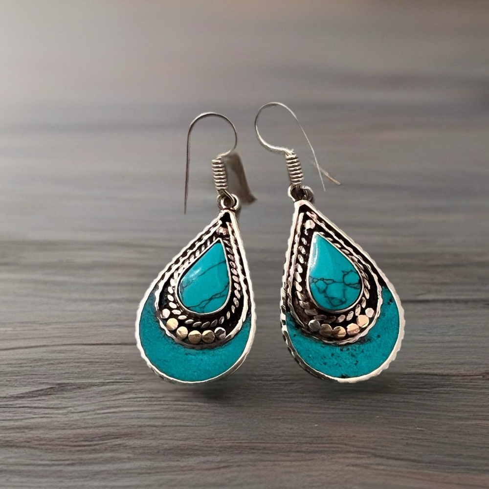 Tibetan Turquoise and Silver Teardrop Dangle Earrings Handmade in Nepal New